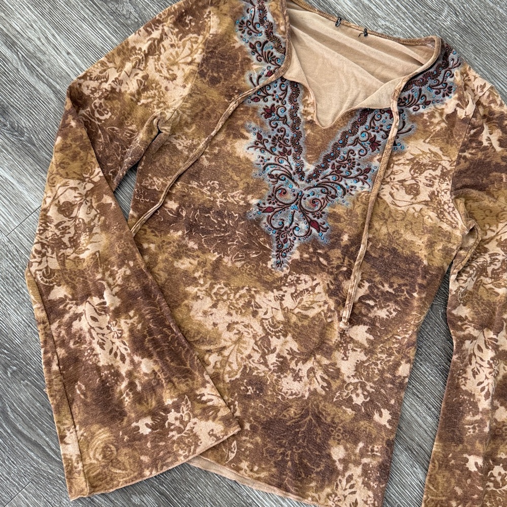 Y2K vintage boho western Gypsy fairy bell sleeve top brown tan small